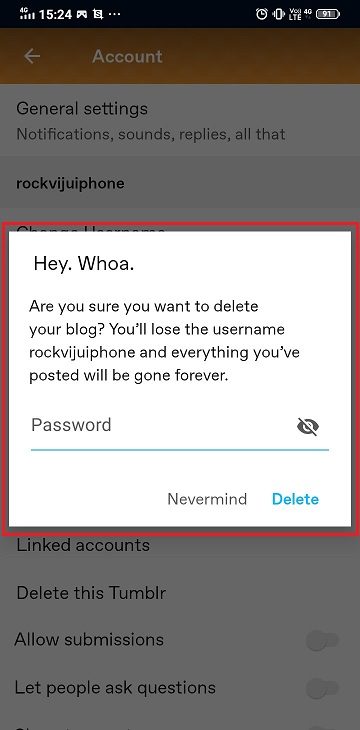Enter Your Tumblr Password to Delete Blog